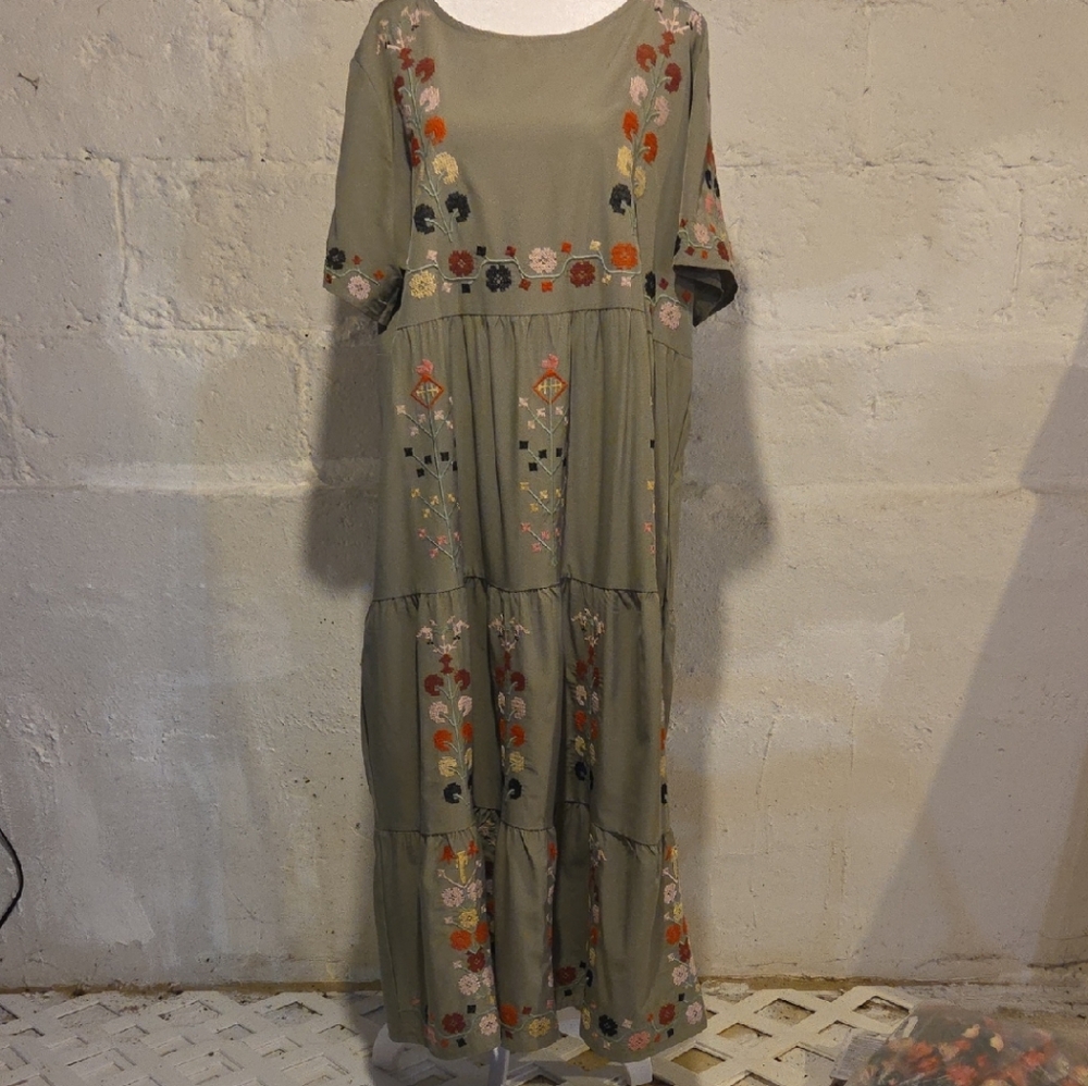 Floral Embroidered Olive Dress